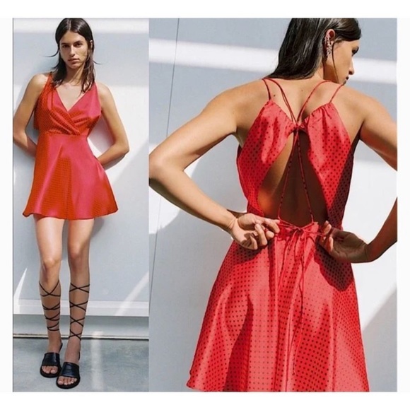 Zara red polka dot satin silk look open back mini flare dress  NWT - Picture 1 of 7